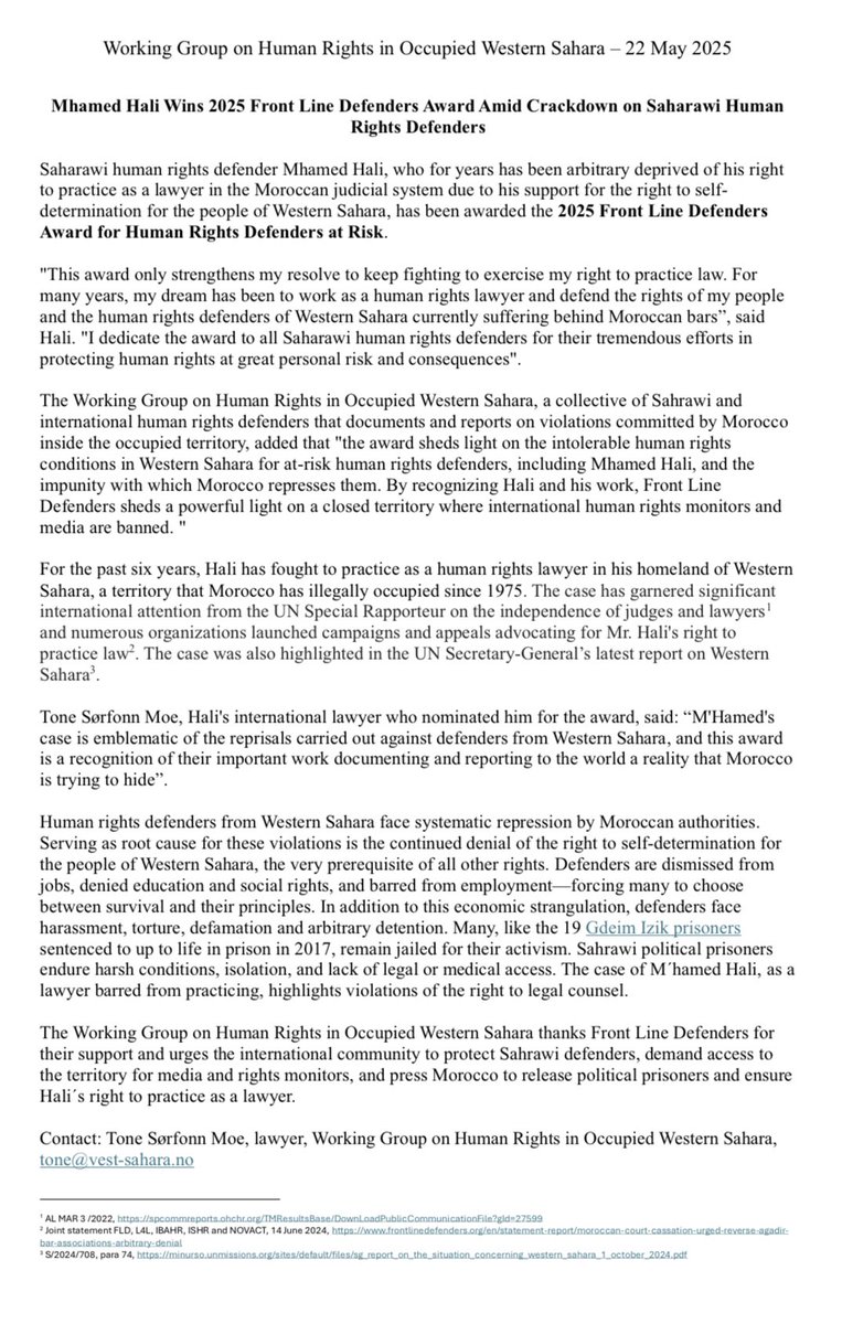 I am amazed by the persistence of Saharawi HRDs such as Mhamed who despite torture and enforced disappearance continues to fight for the human rights of others. I am humbled to represent lawyer Hali, and grateful for the hope given by <a href="/FrontLineHRD/">Front Line Defenders</a> . Big congrats my friend!