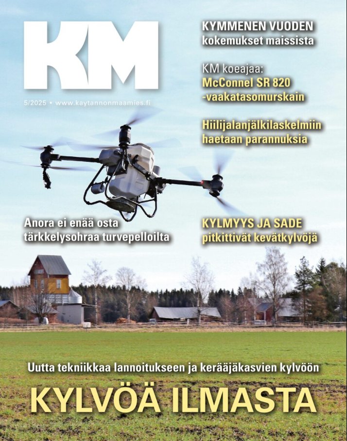 Toukokuun <a href="/KMaamies/">Käytännön Maamies</a>  numerossa seurataan kylvökevättä, paljon nurmi/rehu-asiaa ja kylvetään aluskasvia droonin avulla.  kaytannonmaamies.fi/digilehti/