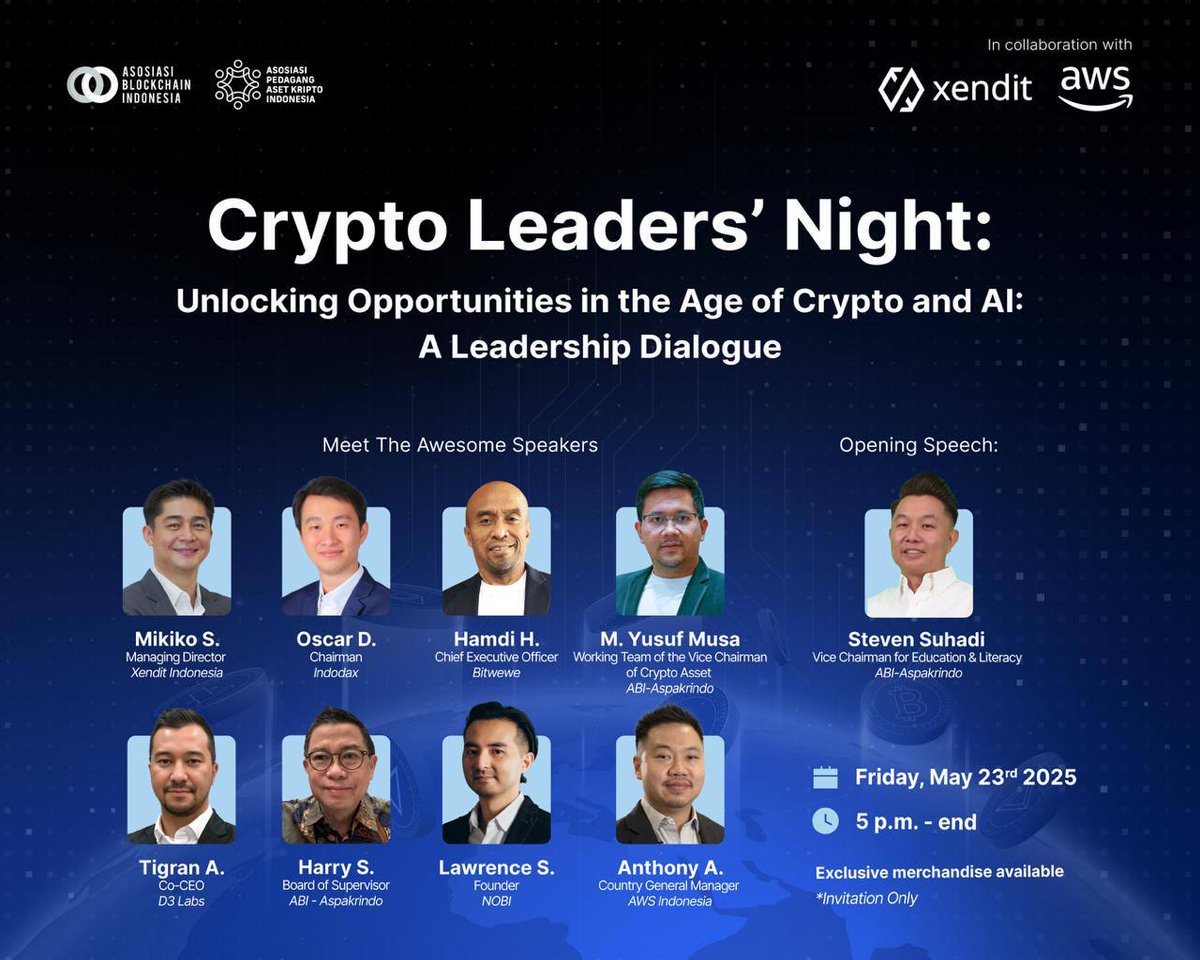 BlockchainIndo's tweet photo. No stage. No noise. Just crypto, blockchain, and AI leaders shaping the future in one room.
Crypto Leaders’ Night 2025 — May 23rd, 5 PM onward.
#CLN2025 #CryptoLeadership #Blockchain #ABI #Aspakrindo #AWS #Xendit https://t.co/WnAozcTERt