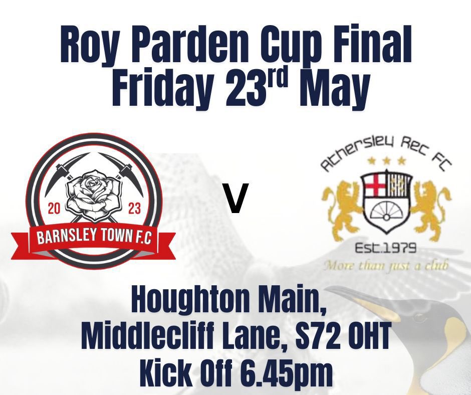 📆 Friday 23rd May
🏆 Roy Parden Cup Final
⚽️ <a href="/BarnsleyTownFC/">Barnsley Town FC</a> v <a href="/AthersleyRecFC/">Athersley Rec FC</a>
🕰️ 6:45pm kick off
🏟️ Houghton Main, S72 0HL
Good luck to both teams. Thanks to <a href="/HoughtonMainFC/">Houghton Main FC</a> for hosting 👍🏻
#Barnsley #BarnsleyFC #BarnsleySunday #SundayLeague <a href="/NonLeagueFix/">NonLeagueFixtures</a> <a href="/SundayLeagueDay/">Sunday League Day</a>