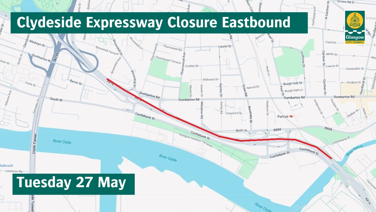 Glasgow City Council (@glasgowcc) on Twitter photo To facilitate survey and maintenance of the overhead gantries, the Clydeside Expressway Eastbound will closed between Dumbarton Rd on Ramp and the Glasgow Harbour on Ramp from 👇
🚧27 May from 8pm – 6am.
Diversions will be in place⛔️
<a href="/SWTrunkRoads/">Amey SW Trunk Roads</a> To facilitate survey and maintenance of the overhead gantries, the Clydeside Expressway Eastbound will closed between Dumbarton Rd on Ramp and the Glasgow Harbour on Ramp from 👇
🚧27 May from 8pm – 6am.
Diversions will be in place⛔️
<a href="/SWTrunkRoads/">Amey SW Trunk Roads</a>