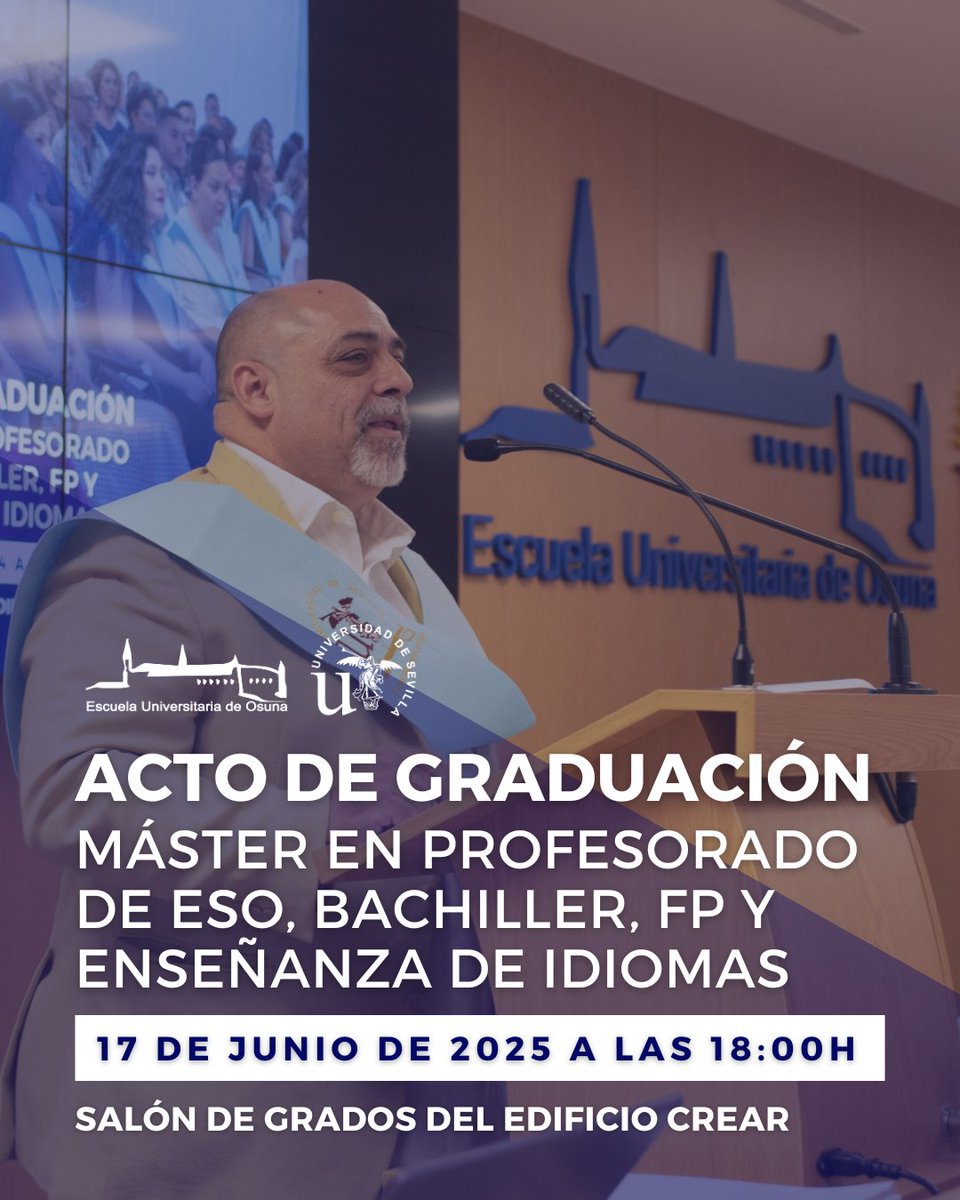 🎓 El 17 de junio celebramos el Acto de Graduación del Máster en Profesorado de ESO, Bachillerato, FP y Enseñanza de Idiomas.

🕕 18:00 h
📍 Salón de Grados, Edificio CREAR

¡Formamos a quienes educarán el futuro! 💙

#GraduaciónEUO #MásterProfesorado #OrgulloEUO