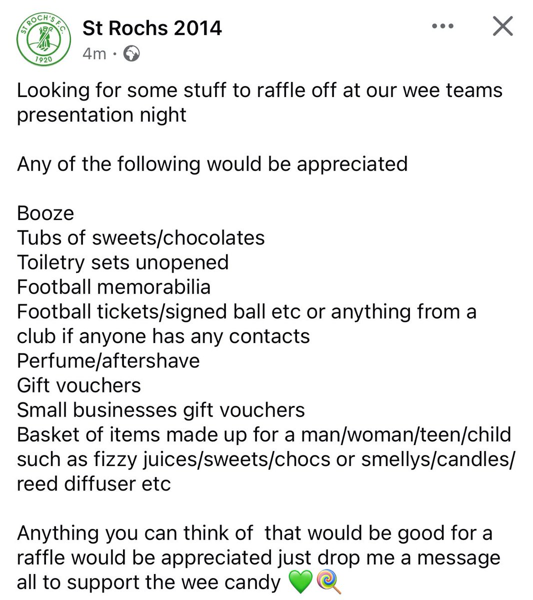 STRochs2014 (@srochs2014) on Twitter photo Looking for donations for our wee presentation night
Anyone who can help would be much appreciated.
Also tickets Are on sale for anyone who would like to come would love to see you there 💚🍭
<a href="/StRochsJuniors/">St Roch's FC</a> <a href="/Candykendo/">St.Rochs Kendo</a> <a href="/strochs_merch/">st rochs merchandise</a> <a href="/StRochsAFC/">St Roch’s AFC</a> Looking for donations for our wee presentation night
Anyone who can help would be much appreciated.
Also tickets Are on sale for anyone who would like to come would love to see you there 💚🍭
<a href="/StRochsJuniors/">St Roch's FC</a> <a href="/Candykendo/">St.Rochs Kendo</a> <a href="/strochs_merch/">st rochs merchandise</a> <a href="/StRochsAFC/">St Roch’s AFC</a>