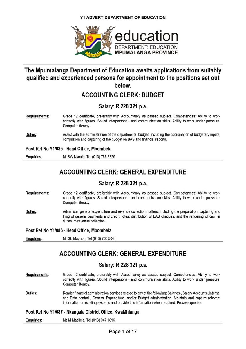 MetjahTebogo's tweet photo. Admin Clerk: Circuit Office x11 posts 
General Admin Clerk: Unit Support x17 posts 
Accounting Clerk: Revenue
Accounting Clerk: General Expenditure x3
Accounting Clerk: Budget
Accounting Clerk: Salaries x3 posts 
Accounting Clerk: Salary Accounts
Accounting Clerk: System Control
Admin Clerk: Education Development Centre x3 posts 
Admin Clerk: GG Transport
Admin Clerk: Nutrition Programmes
Admin Clerk: Office Administration x2 posts 
Admin Clerk: Public Examinations x4 posts 
Admin Clerk: Scholar Transport
Admin Clerk: Support Services
Admin Clerk: Transformation x2 posts 
Exam Admin Clerk: Exam Administration
Exam Admin Clerk: Question Papers and Production
HR Clerk: HR Benefits Administration
HR Clerk: HR Career Matters x3 posts 
HR Clerk: HR Employment x3 posts 
HR Clerk: HR Housing & Leave
HR Clerk: HR Performance
HR Clerk: HR Provisioning x2 posts 
HR Clerk: PERSAL System- & HR Project Management
Provisioning Admin Clerk: Asset Control x3 posts 
Provisioning Admin Clerk: Logistical Management x3 posts 
Provisioning Admin Clerk: Movable Assets x2 posts 
Registry Clerk: Administrative Services, MEC'c Office
Registry Clerk: HR Benefits Administration
Registry Clerk: Internal & Data Control x2 posts 
Registry Clerk: Office Auxiliary Services
Registry Clerk: PERSAL Registry Service x2 posts 
Secretary (S5): Chief Director's Office x2 posts 
Secretary (S5): Director's Office
Admin Clerk: Transformation

Mpumalanga Department of Education

Closing Date 12 June 2025