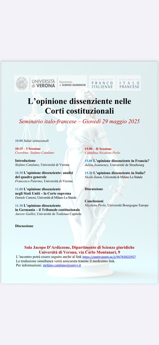 Nicoletta Perlo (@nicolettaperlo) on Twitter photo Colloque: « L’opinion dissidente dans les Cours constitutionnelles »
Università di Verona
👉🏻29 mai 2025👉🏻Stefano Catalano Nicolò Zanon Francesco Palermo Aurore Gaillet <a href="/JulienJeanneney/">Julien Jeanneney</a> Daniele Camoni
⭐️Accessible via zoom Colloque: « L’opinion dissidente dans les Cours constitutionnelles »
Università di Verona
👉🏻29 mai 2025👉🏻Stefano Catalano Nicolò Zanon Francesco Palermo Aurore Gaillet <a href="/JulienJeanneney/">Julien Jeanneney</a> Daniele Camoni
⭐️Accessible via zoom