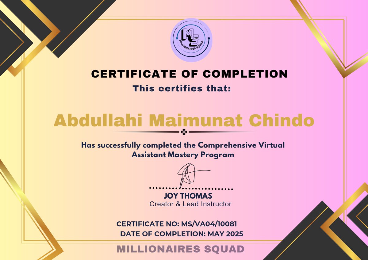 MhizJummy9's tweet photo. I'm excited to share that I'm now a Certified Virtual Assistant! 💃💃🥁
My journey into VA space started with curiosity and willingness to grow &amp; through a 6-week comprehensive training with @millionaresquad I have transformed that curiosity into skills and confidence. https://t.co/Jg3TBC6zNd