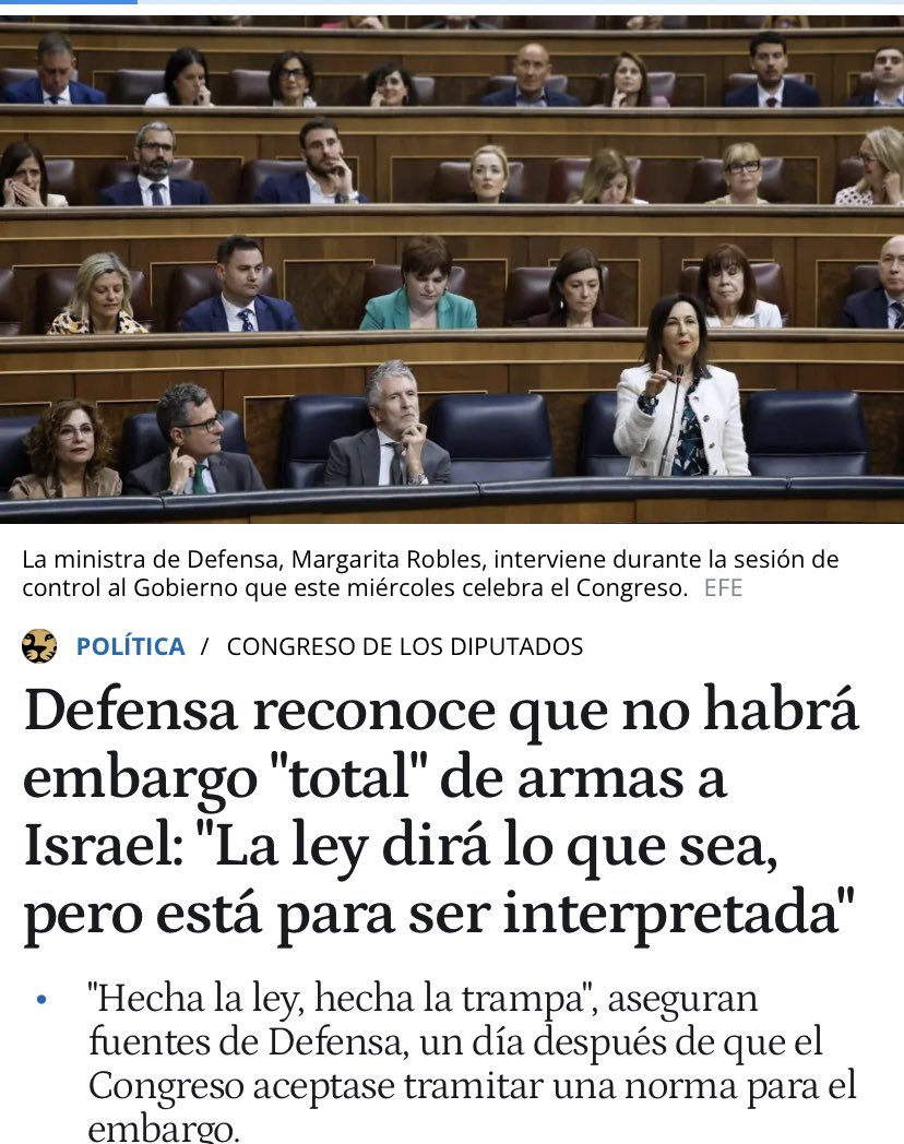 España sigue sin adoptar embargo de armas integral a Israel 

De momento, se ha aprobado una proposición de ley en el Congreso pero su tramitación puede prolongarse durante un tiempo indefinido 

Además, podrá estar sometida a cambios que limitarían el carácter integral 🧵⬇️