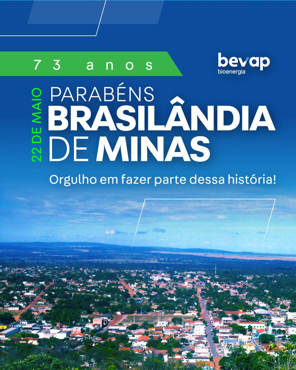 bevapbioenergia's tweet photo. A Bevap se orgulha de fazer parte desta terra próspera e parabeniza Brasilândia de Minas por mais um ano de história e desenvolvimento!

Que a energia que move nossa região continue crescendo.
Feliz aniversário!

#Bevap #Parabéns #BrasilandiaDeMinas #73anos https://t.co/jK9imr6A5u