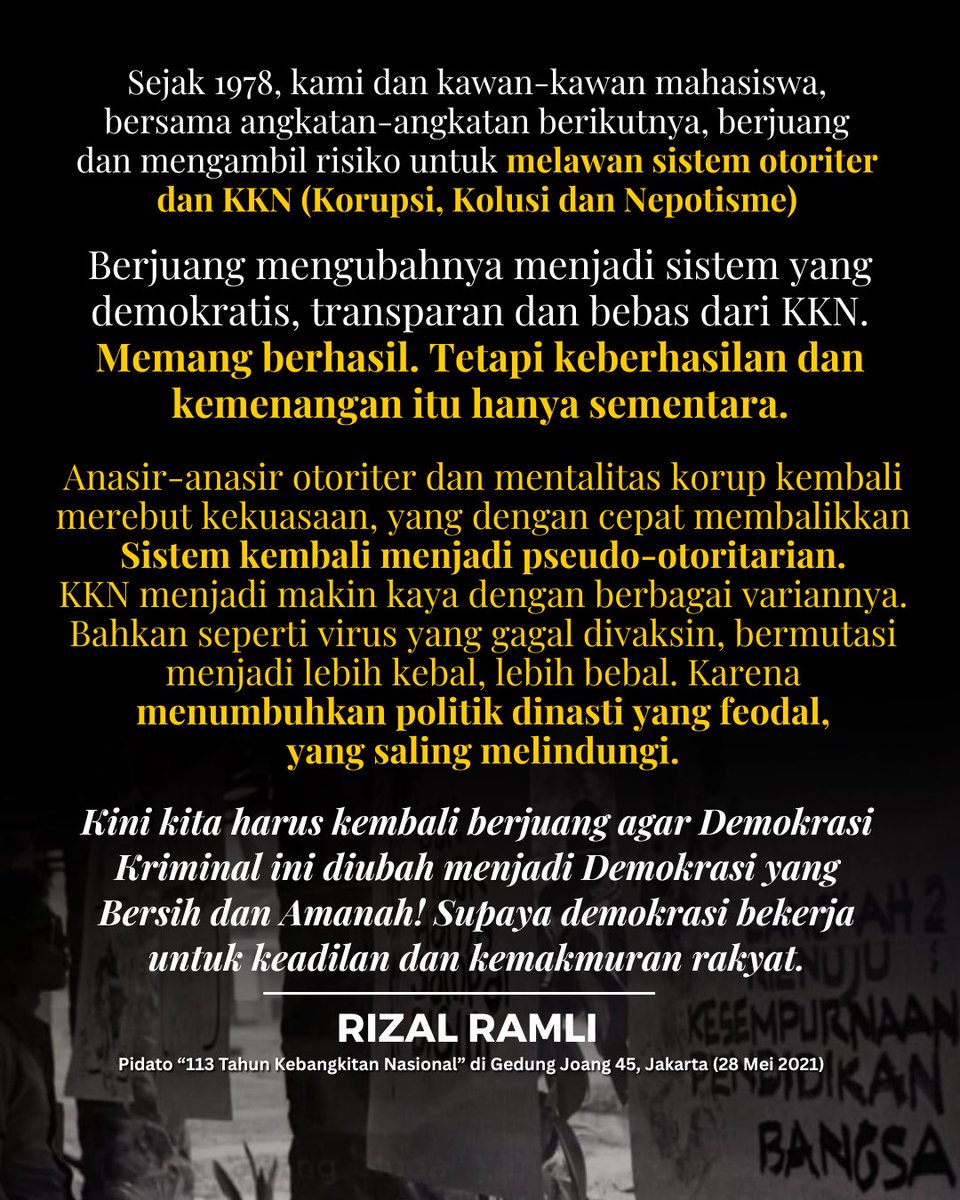 Memperjuangkan perubahan akan memacu ketangguhan bangsa kita, membuka pintu keberanian dan kreatifitas untuk melawan sikap-sikap memble tetapi feodal, otoriter dan koruptif.

Memperjuangkan demokrasi yang bersih dan amanah, akan membuat demokrasi bekerja untuk keadilan,