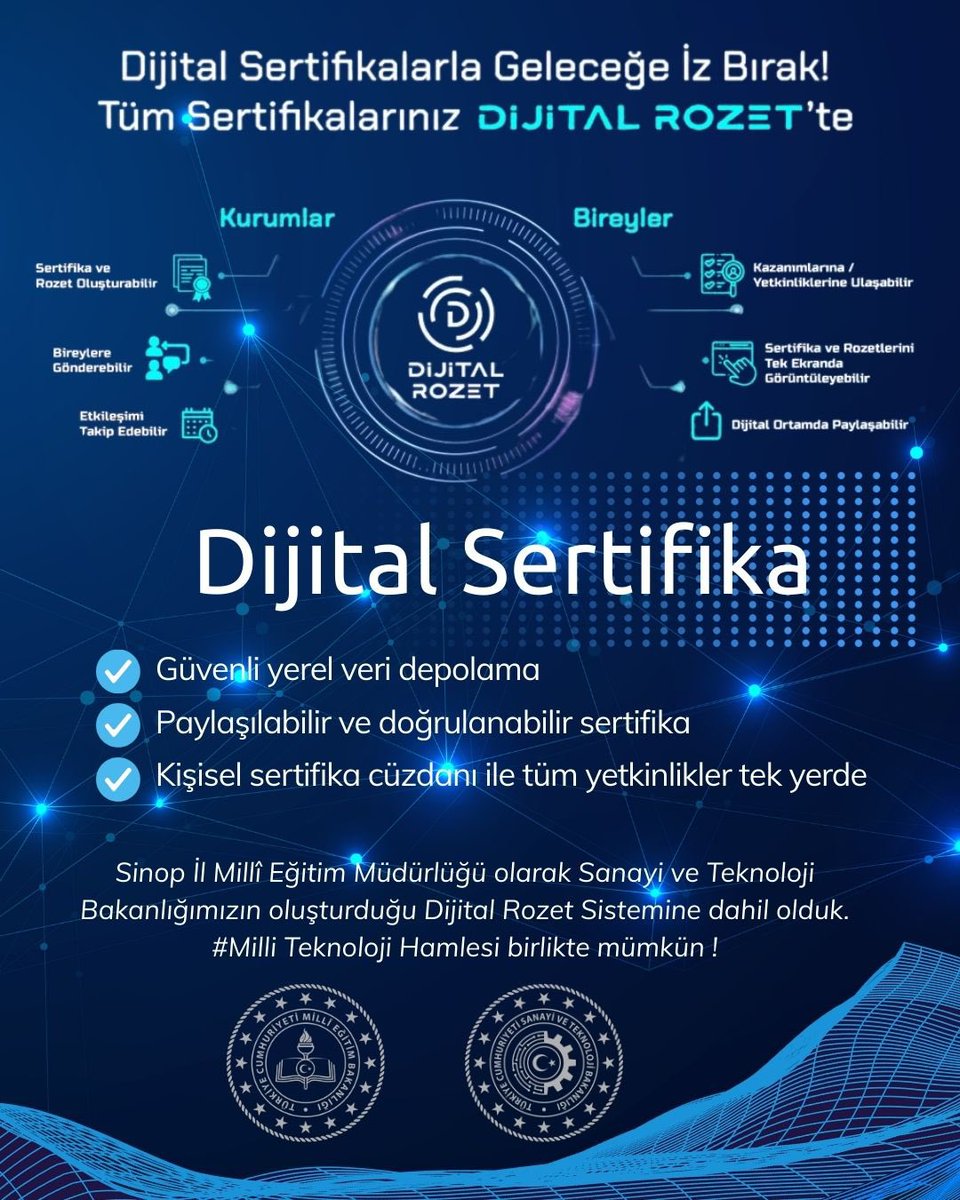 📌Sertifikan Cebinde, Gelecek Elinde!

Kurslara katıldın, eğitimler tamamlandı, emek verdin, öğrendin…
Ama ya o sertifikalar nereye gitti?

Artık kaybolan belgeler devri kapandı!
Sinop İl Millî Eğitim Müdürlüğü olarak biz de Dijital Rozet Sistemine geçtik!
Ve bu sistem tam sana