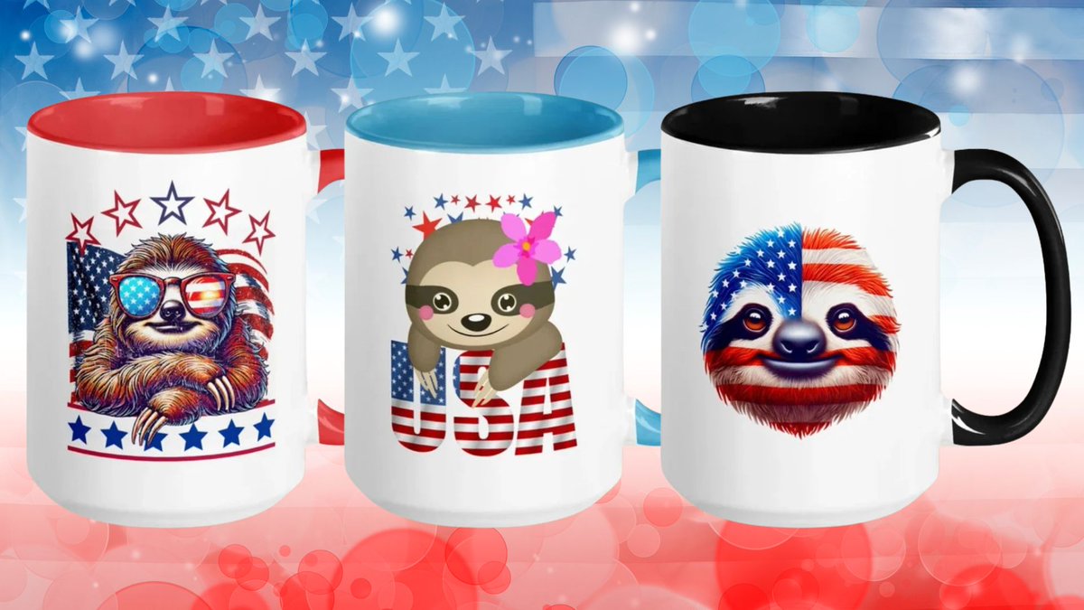 Independence Day Sloth Mugs Gifts For Sloth Lovers. Looking for a unique gift? Explore our 4th of July Sloth Mugs for sloth fans. Brighten their day with a cute, patriotic cup today! slothoftheday.com/independence-d…