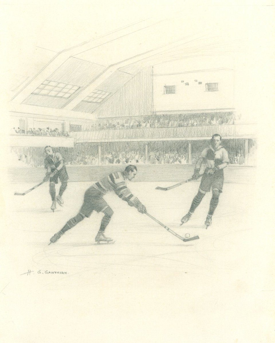 Sport is the theme for today's <a href="/artukdotorg/">Art UK</a> #OnlineArtExchange for 'Rovers: 150 years' at BlackburnMuseum! We've chosen 'Ice Hockey at Westover Ice Rink', a drawing by Henry George Gawthorn.

...