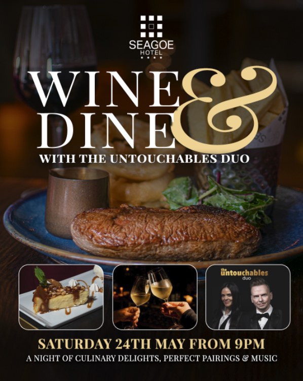 Wine and Dine - Saturday 24th May 🍽️🍷 🕺
Kick off the Bank Holiday weekend in style at @theseagoehotel! Indulge in an evening of culinary delights, perfectly paired wines &amp; live entertainment from The Untouchables Duo at 9pm.🎉 Limited spaces book now 👉 bit.ly/47DNsEl