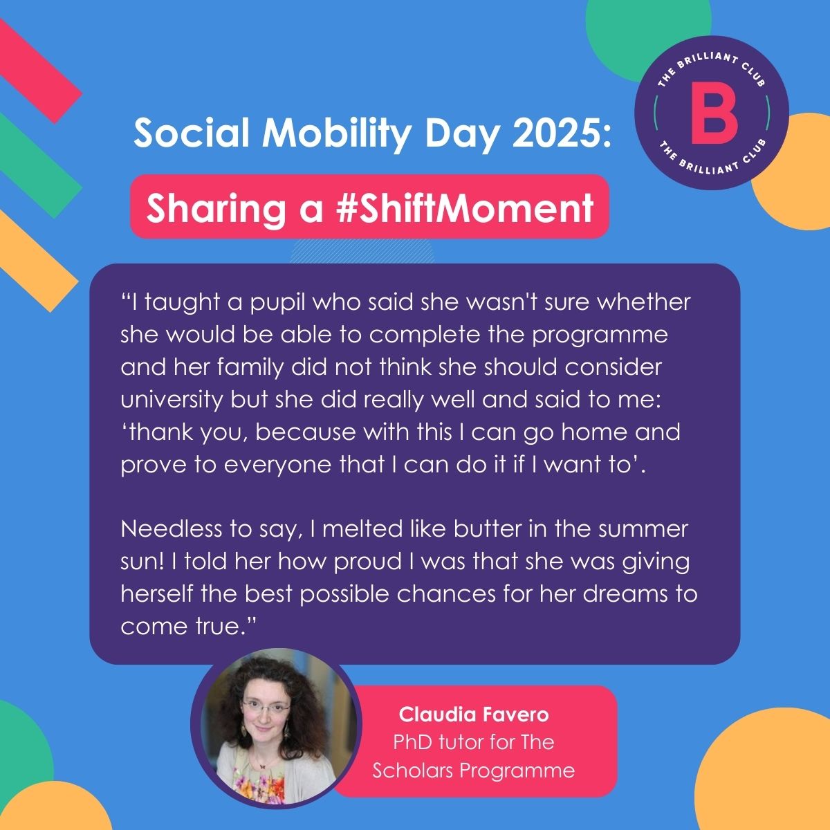 PhD tutor for The Scholars Programme, Claudia has seen how less advantaged students who believe university isn't for them can shift perspective when given opportunities.

Join our virtual roundtable discussion for Social Mobility Day on June 12th, 1-2pm: bit.ly/435bGai