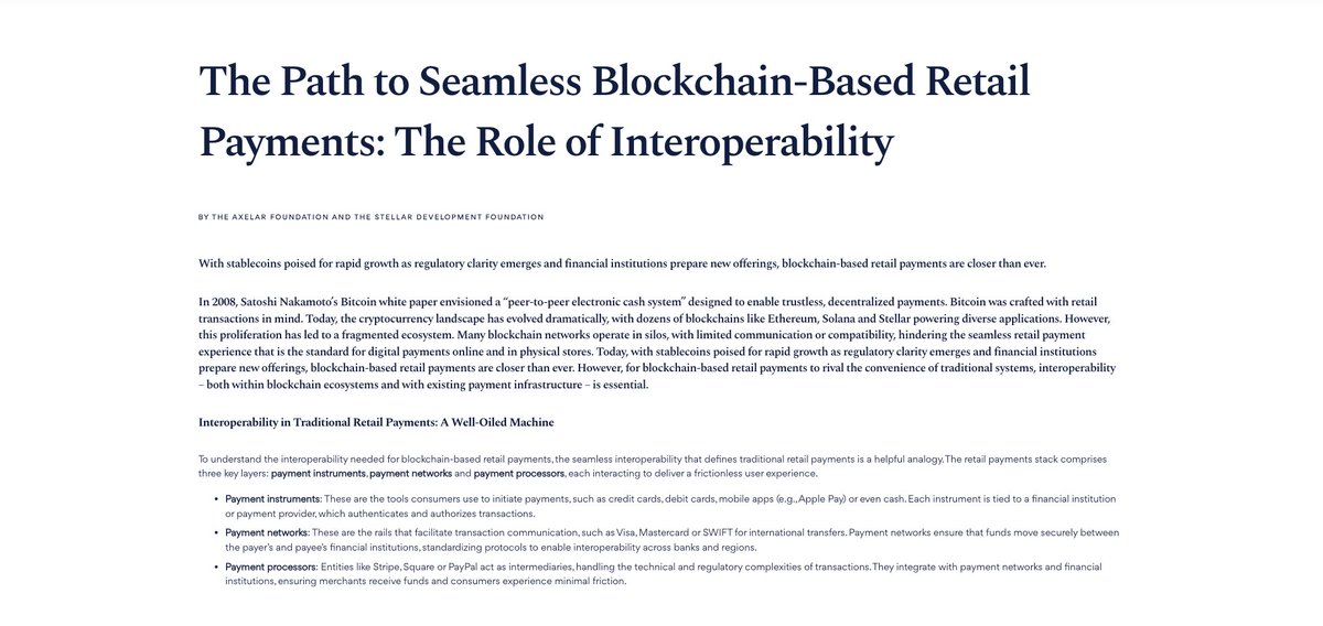 In collaboration with <a href="/StellarOrg/">Stellar</a> and <a href="/StablecoinStnd/">Stablecoin Standard</a>, we've written
a report on the future of payments 📑

→The Path to Seamless Blockchain-Based Retail Payments: The Role of Interoperability

The emerging potential of blockchain retail payments is massive, yet decentralized