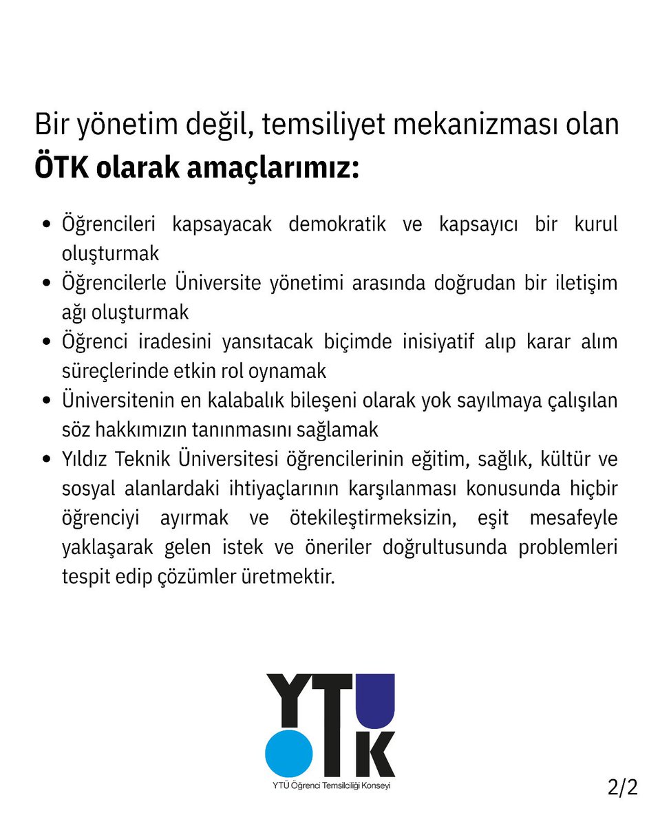 YTÜ ÖTK’si kuruldu! Öğrenci Temsilciliği Konseyi olarak amacımız tüm öğrencilere eşit mesafeyle yaklaşarak istek ve öneriler doğrultusunda problemlerimiz için çözüm üretmektir.