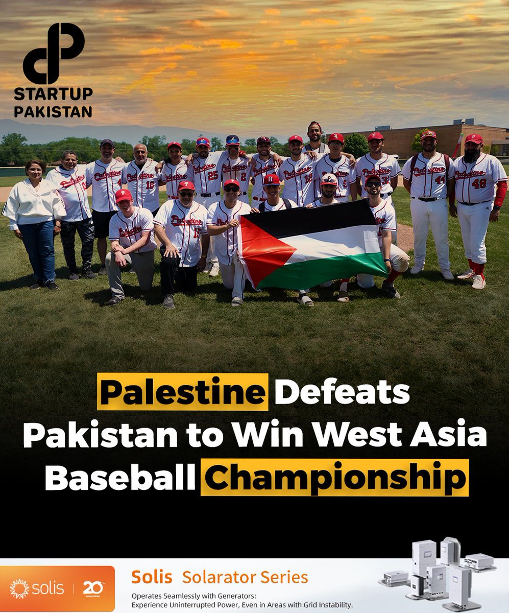 PakStartup's tweet photo. P@lestine clinched a historic victory over defending champions Pakistan in the final of the West Asia Baseball Championship, winning 5-4 after a tense extra inning. 

#Baseball #WestAsiaBaseballChampionship #SportsNews #BaseballFinal #ChampionshipGame https://t.co/P23VbKvD3k