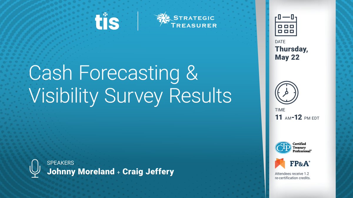 Tune in today and join TIS (Treasury Intelligence Solutions) and Strategic Treasurer LLC as they unpack key findings from the 2025 Cash Forecasting &amp; Visibility survey—covering pain points, processes, tools, and peer insights.

➡️Register: strategictreasurer.com/webinar-cash-f…