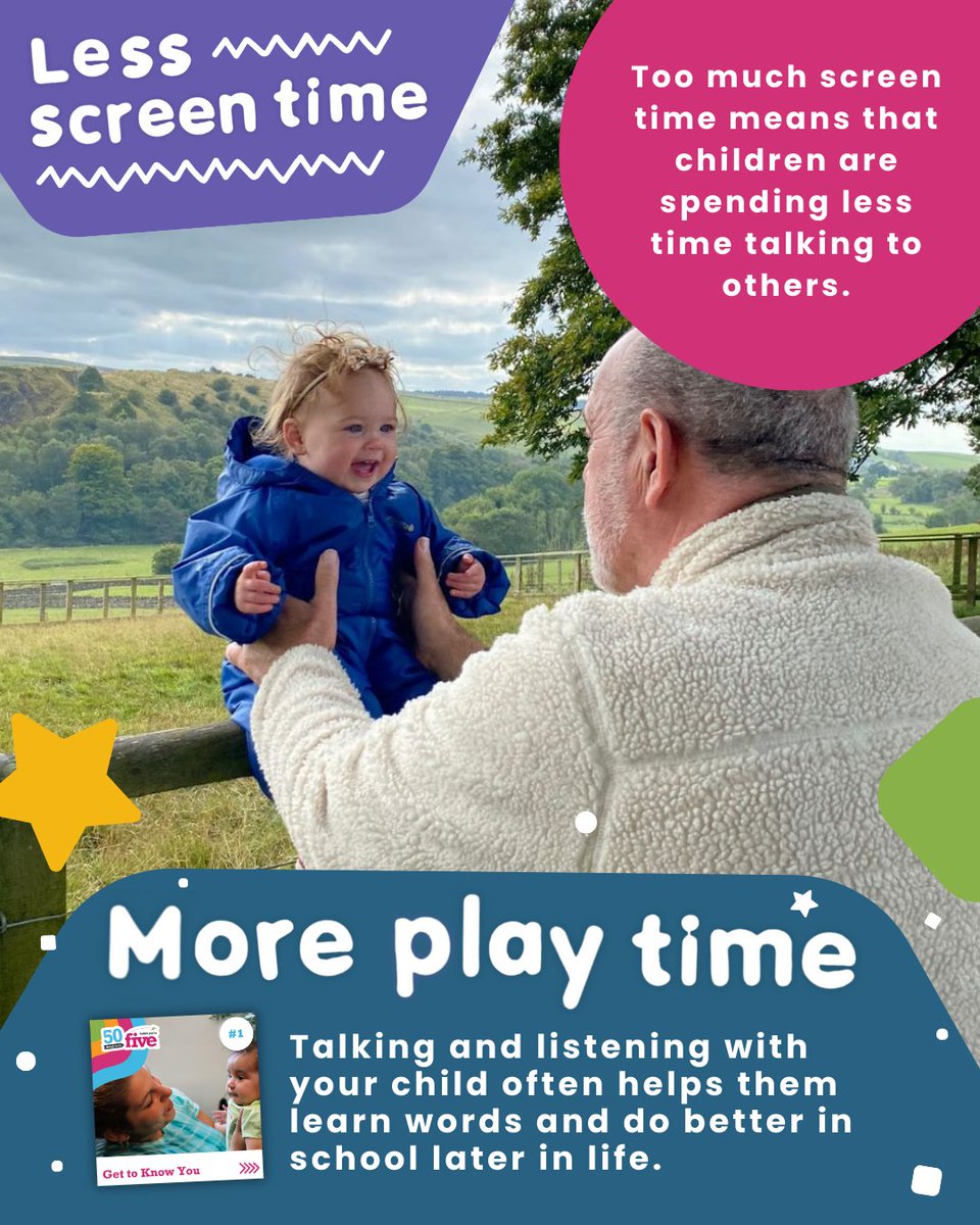 50TTD's tweet image. Too much screen time can limit chances for children to talk, play, and connect. Powerful, simple chats and playful moments can be key for building language and boosting later learning. ✍️
Find out more about screen time here: 50thingstodo.org/less-screen-ti…
#LessScreenTimeMorePlayTime