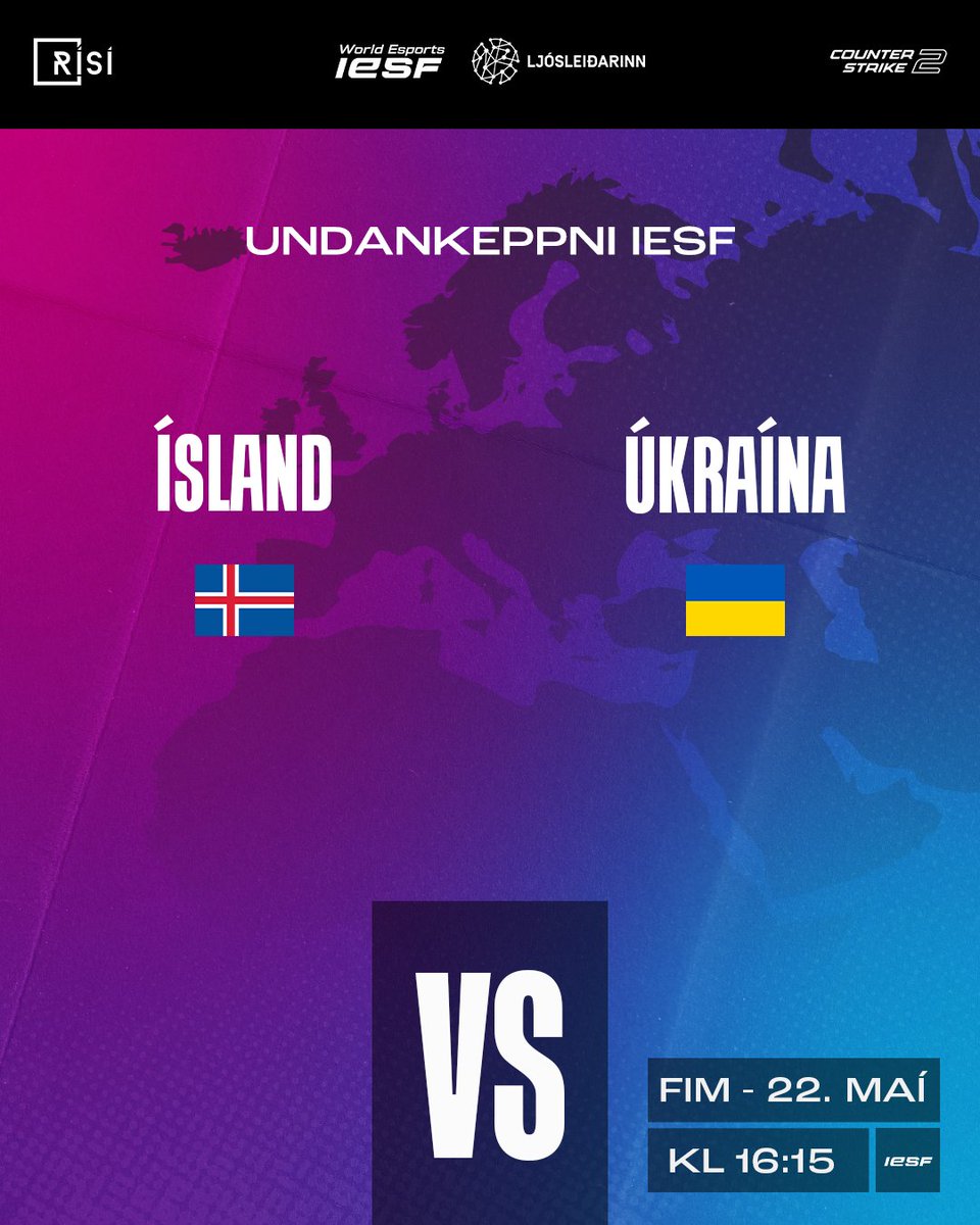 Ekki missa af karlalandsliðinu keppa í undankeppni IESF í Counter-Strike

Ísland vs Úkraína kl 16:15

Leikur verður sýndur á rafithrottir.is/risi-tv

Áfram Ísland! 💪🎮🇮🇸

#Rafíþróttir #WorldEsports #IESF #Ljósleiðarinn 
<a href="/iesf_official/">IESF</a>