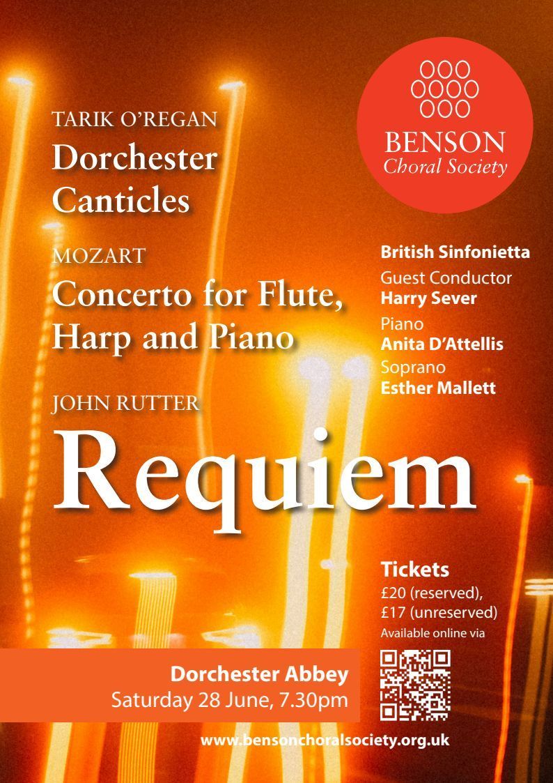 Guest conductor Harry Sever will direct BCS &amp; members of the British Sinfonietta performing John Rutter’s Requiem. Tarik O’Regan’s haunting work Dorchester Chronicles &amp; Anita D’Attellis plays Mozart’s concerto for flute, harp &amp; piano buff.ly/QkPYQLd #DorchesterAbbeyEvents