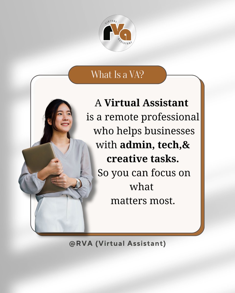 RheaL39164's tweet photo. A 𝐕𝐢𝐫𝐭𝐮𝐚𝐥 𝐀𝐬𝐬𝐢𝐬𝐭𝐚��𝐭 (VA) is a remote professional who helps with the behind-the-scenes tasks that keep your business running — from admin support and customer service to tech systems, content creation, and more. https://t.co/wOCV3XF3Da