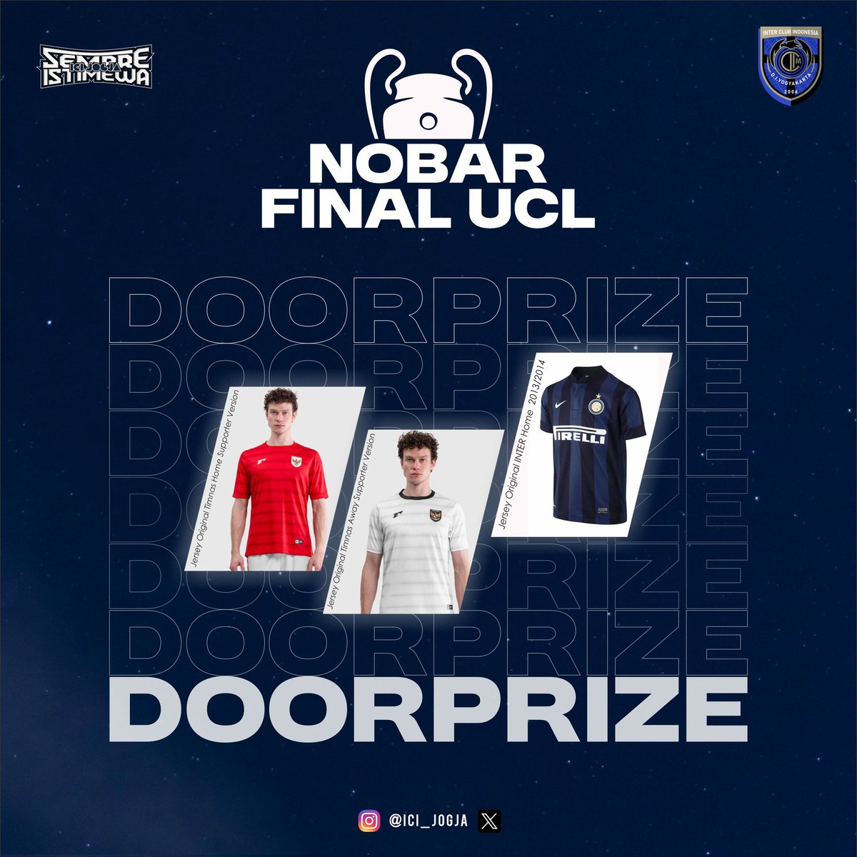 THIS IS IT! Wahai Interisti yang ada di Jogja dan sekitarnya! Mari bergabung bersama kami di Nobar Final UCL PSG vs INTER 🔥🔥🔥

Jangan lupa khusus hari ini Early Bird di harga yg paling murah cuma sampai jam 12 malam aja bolooo..ndang digasss...😁

Forza INTER! SEMPRE!!💙🖤