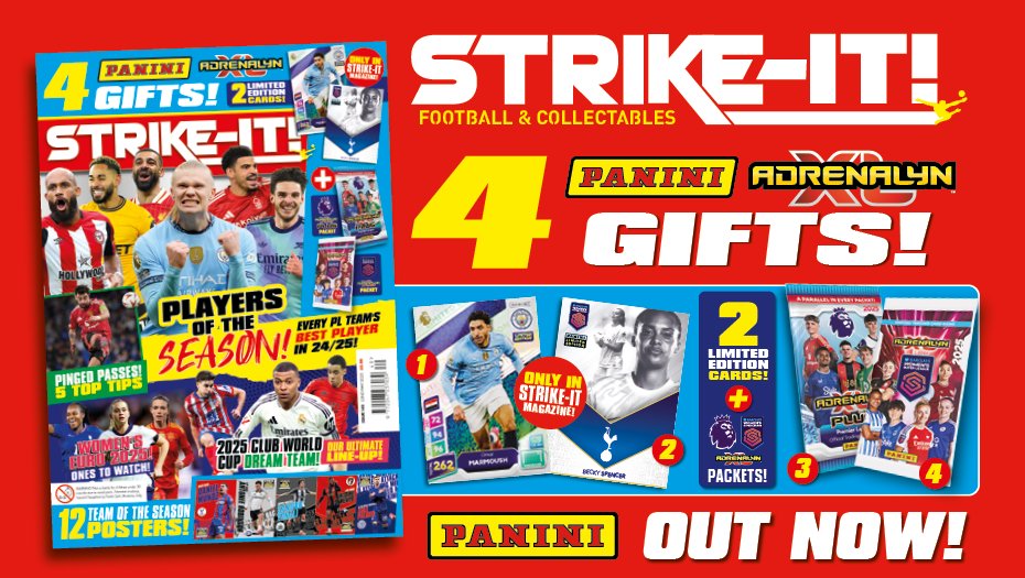 Out today, online or at a store near you - Strike-It 149 comes with two LEs and two packets of trading cards from Panini's latest collections. We take a look at the players of the season and select our 2025 World Cup dream team, and pick out the ones to watch in the Women's