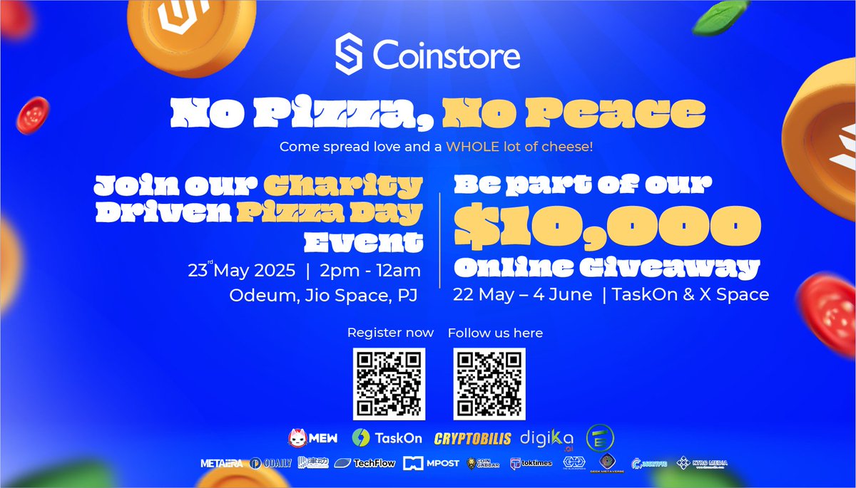 🍕 We’re bringing the ultimate Pizza Day vibe to the community!  

Join us this 23 May at Odeum, Jio Space, PJ for a charity-driven Pizza Day event like no other!   

And don’t miss our $10,000 Online Giveaway running from 22 May – 4 June on TaskOn &amp; X Space.  

🔗Scan the QR to
