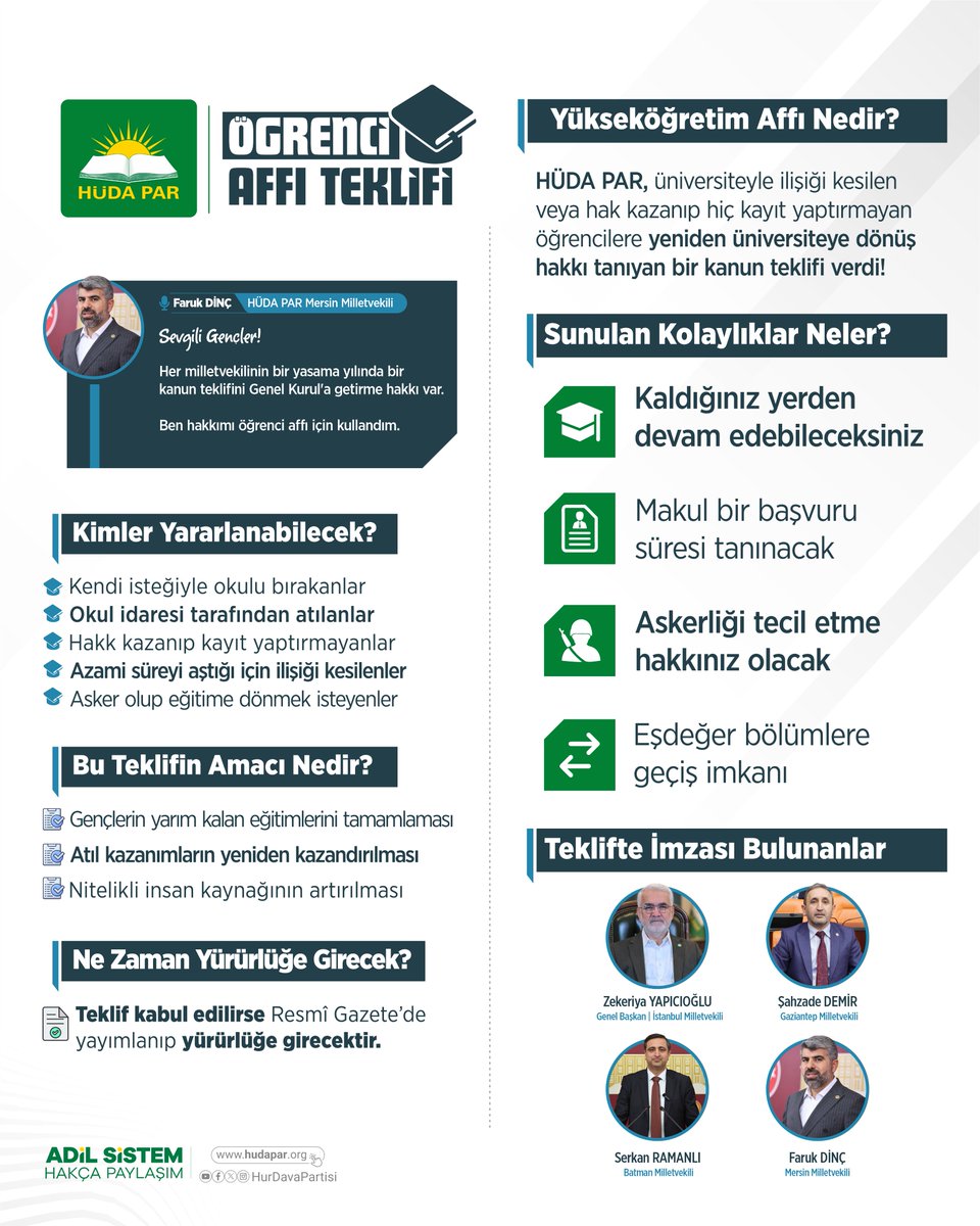 HudaParTBMM's tweet photo. Milletvekillerimizin imzasıyla Meclis'e sunulan  ve kamuoyunda #Öğrenciaffı olarak bilinen "Yükseköğretim Kanununda Değişiklik Yapılmasına Dair Kanun Teklifi" ne içeriyor? https://t.co/9Dw4ui6jEW