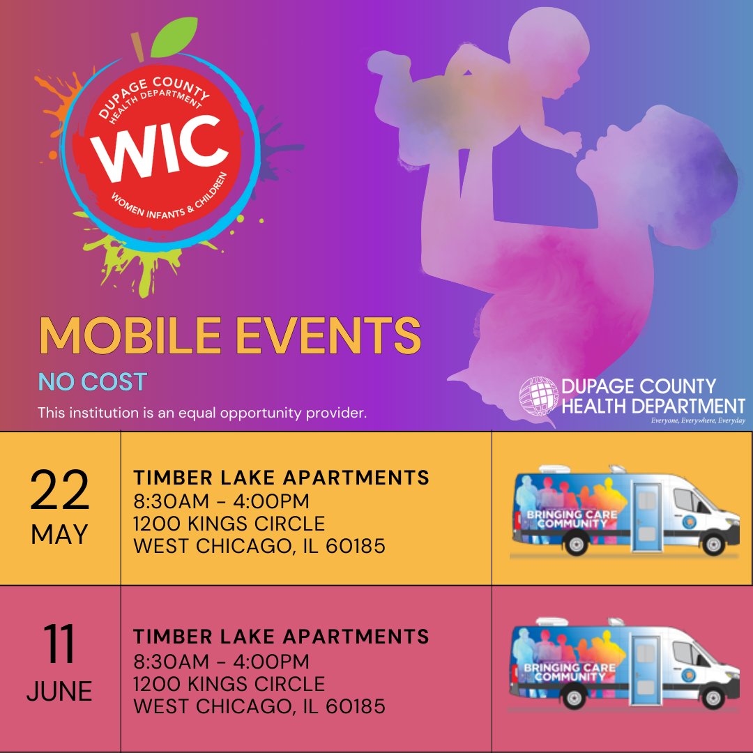 ❗Reminder❗ WIC Mobile Clinic is bringing care to the community! WIC Mobile Clinic will be at Timber Lake Apartments, 8:30-4:00pm. View other upcoming events below. To see future events, visit dupagehealth.org/752/WIC-Mobile… This is an equal opportunity provider.