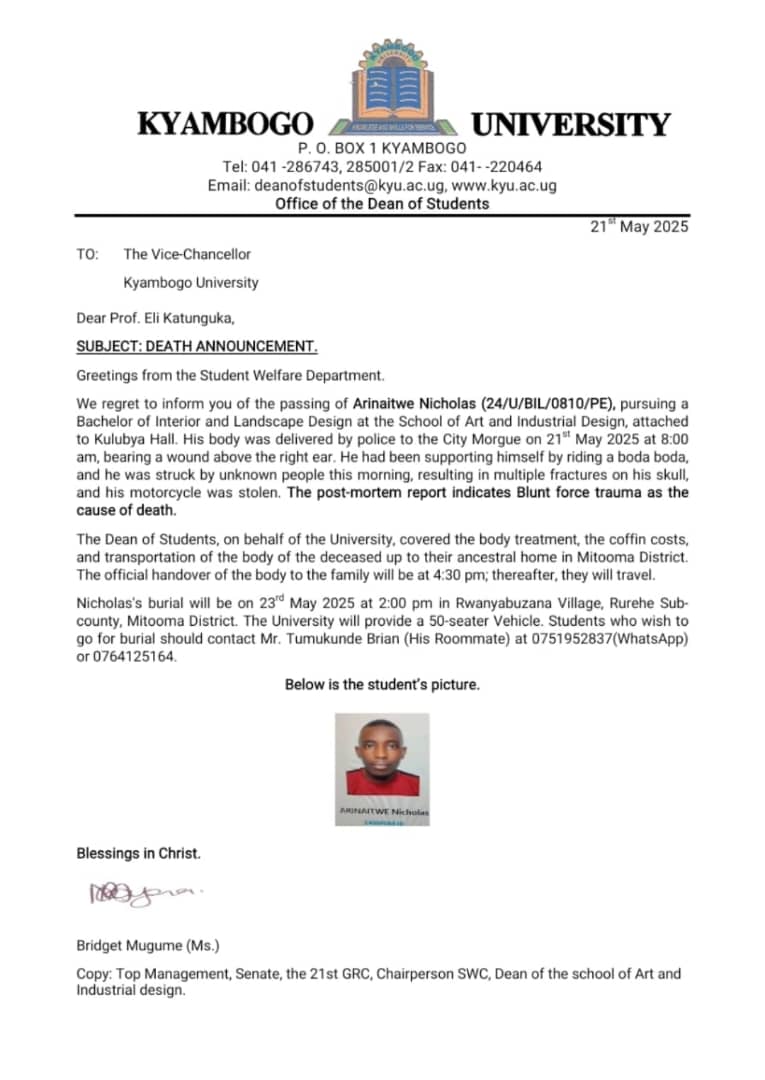 We are saddened by the death of our student, Arinaitwe Nicholas, who was pursuing a Bachelor of Interior and Landscape Design at the School of Art and Industrial Design. We condole with the family and friends. May His soul rest in eternal peace🙏