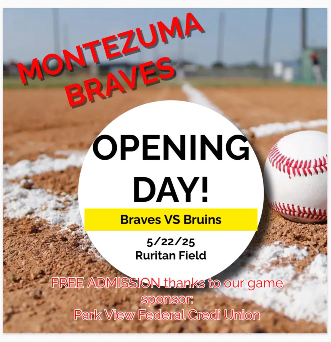 GAME DAY!!!! ⚾️ Opening Day is here! The Braves will host the Bruins in our season opener. First pitch is at 7:00 p.m.! See y’all there! ⚾️ Free admission thanks to Park View Federal Credit Union!