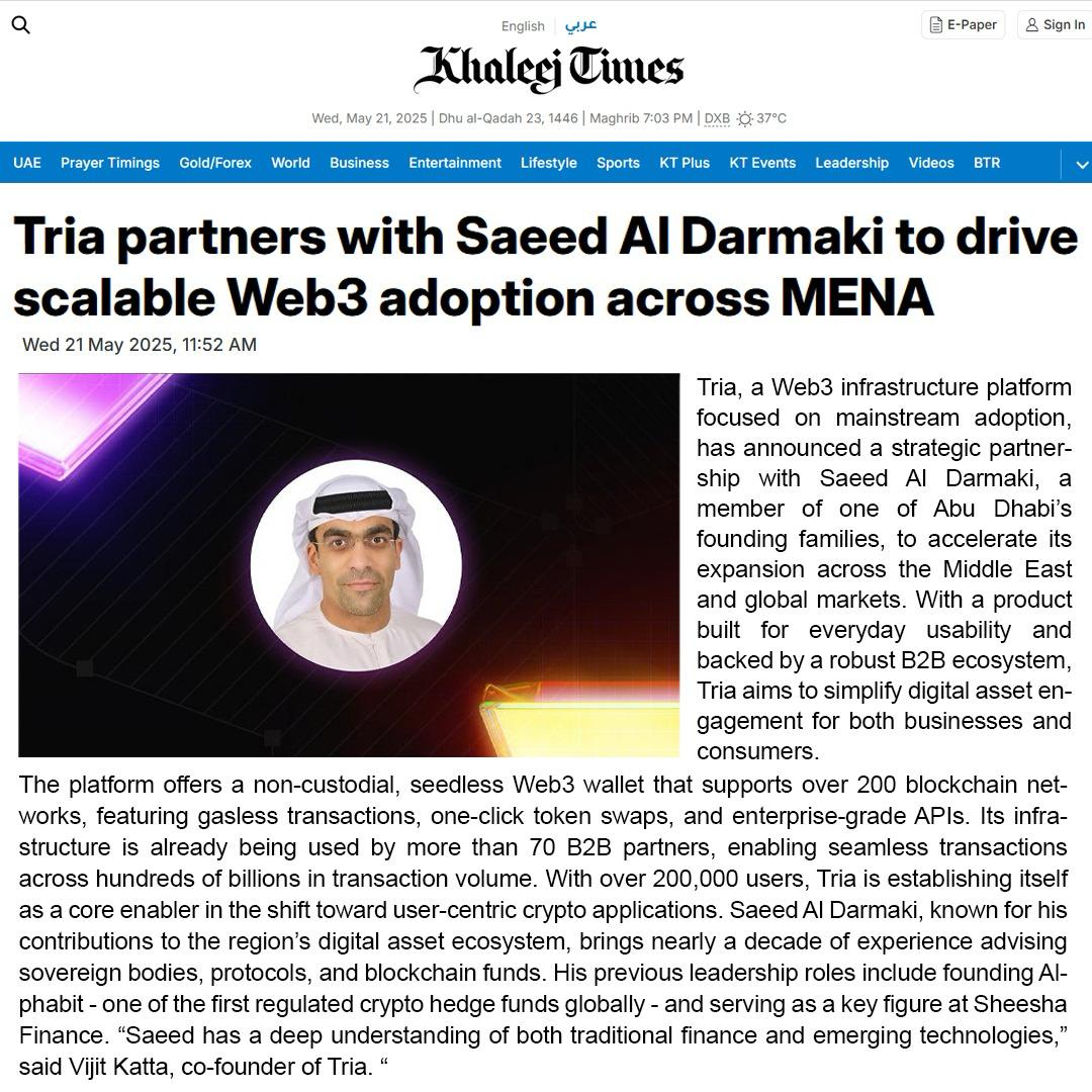 Tria (@usetria) on Twitter photo We’re teaming up with Saeed Al Darmaki (<a href="/MetaverseSheikh/">psx agent 007</a>), a member of one of Abu Dhabi’s founding families –– to bring real web3 adoption to MENA.
Tria x MENA is just getting started. We’re teaming up with Saeed Al Darmaki (<a href="/MetaverseSheikh/">psx agent 007</a>), a member of one of Abu Dhabi’s founding families –– to bring real web3 adoption to MENA.
Tria x MENA is just getting started.