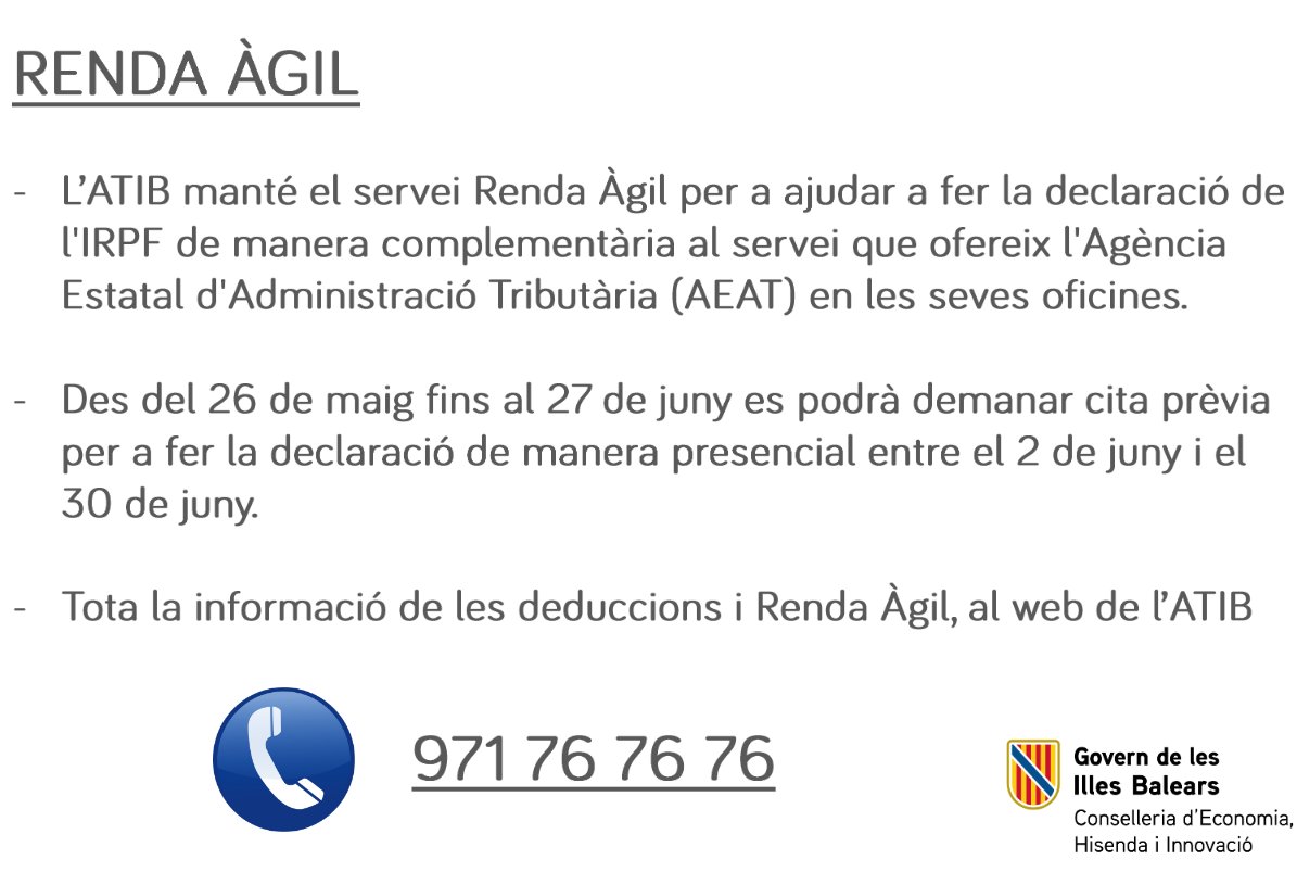 ✅Iniciam la campanya de Renda Àgil per fer la declaració de l'IRPF.

☎️Del 26/5 al 27/6 es pot demanar la cita prèvia al 971 76 76 76 o al web atib.es.

🗓️La declaració es pot fer del 2/6 al 30/6.

🧵T'explicam aquí les noves deduccions

✍️tn.caib.es/RendaAgil2024