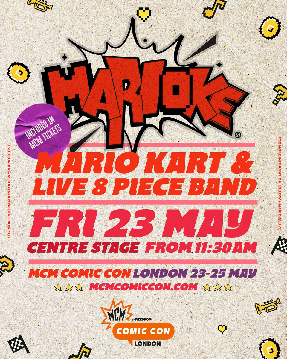 Marioke (@mariokelive) on Twitter photo WAHOO! 🏁 24 hours until we takeover Centre Stage at <a href="/MCMComicCon/">MCM Comic Con</a> 🚦Catch us from 11.30am to experience Mario Kart like never before!
⭐ We'll be picking members of the audience to race at random for the chance to win the Marioke Gold Cup, lets-a-go!
#marioke #mcmLondon WAHOO! 🏁 24 hours until we takeover Centre Stage at <a href="/MCMComicCon/">MCM Comic Con</a> 🚦Catch us from 11.30am to experience Mario Kart like never before!
⭐ We'll be picking members of the audience to race at random for the chance to win the Marioke Gold Cup, lets-a-go!
#marioke #mcmLondon
