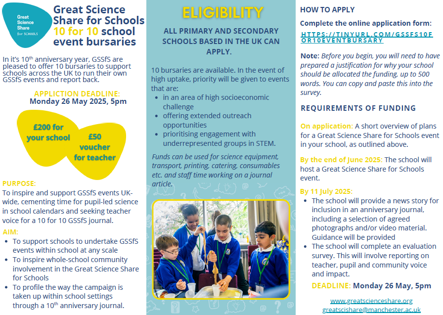 It’s easy to get involved: 

- Secure funding to spend on science resources 
- Undertake a #GSSfS event in school 
- Contribute to the GSSfS 10th anniversary journal. 

Find out more and apply by 26th May: tinyurl.com/GSSfS10for10ev… 

#ScienceEnquiry #GSSfS2025