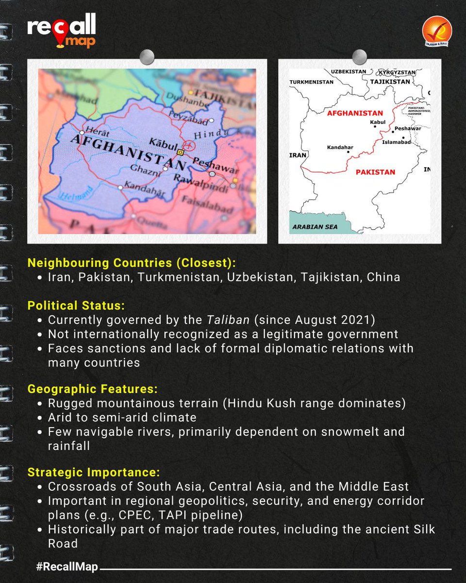 VajiramRavi's tweet photo. #RecallMaps: China, Pakistan, and Afghanistan have agreed to extend the China-Pakistan Economic Corridor (CPEC) to Afghanistan, aiming to boost regional connectivity and development. 

#upscmaps #upsc2025 #vajiramandravi #currentaffairs #geopolitics #cpec #recallmaps https://t.co/cizioUrfTP