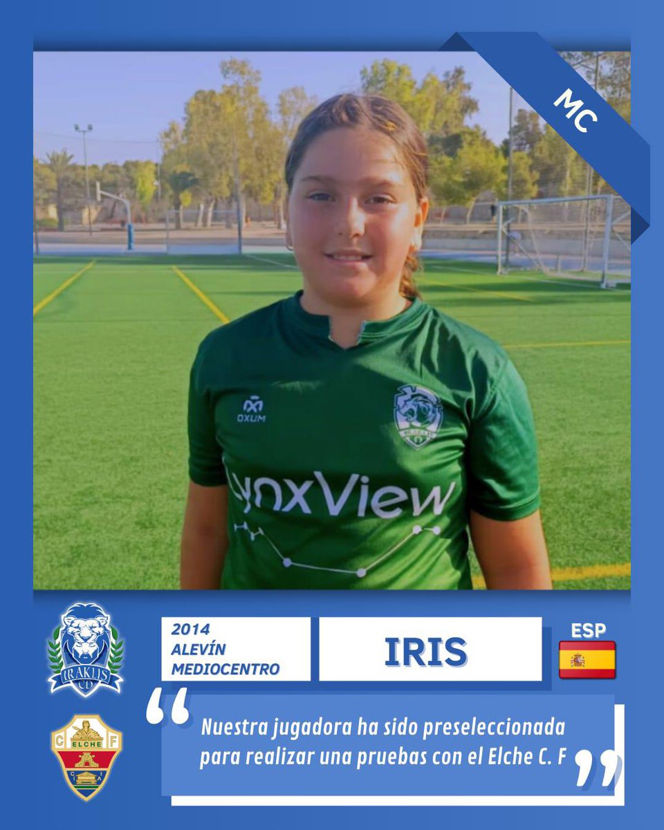 ¡Gran noticia! Nuestra jugadora Iris ha sido preseleccionada para pruebas con el Elche C.F.
Un paso más en su camino como futbolista.
¡Orgullosos de ti, campeona! ✨🤍💙