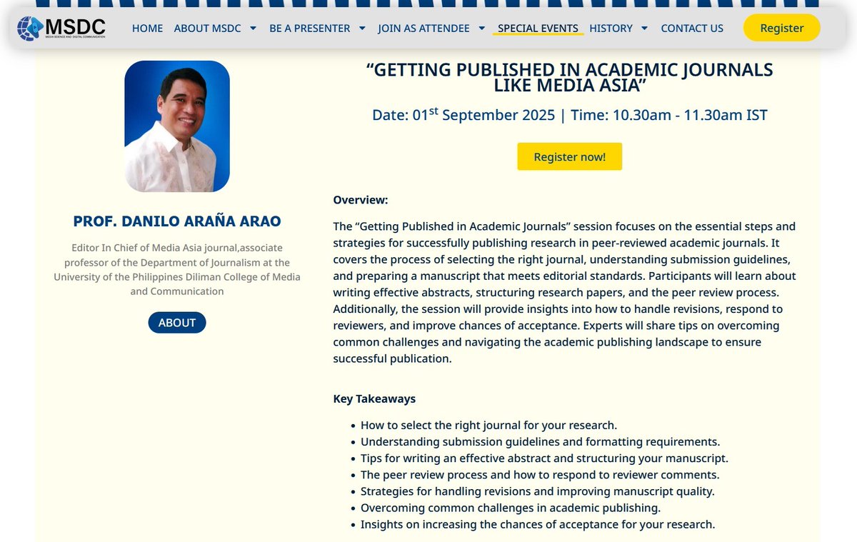 NOW IT'S PUBLICLY KNOWN: As editor of Media Asia, I shall give a workshop on how to get published in academic journals on September 1, 10:30 a.m. IST (or 1:00 p.m. in the Philippines). themediasci.com/special-featur…
