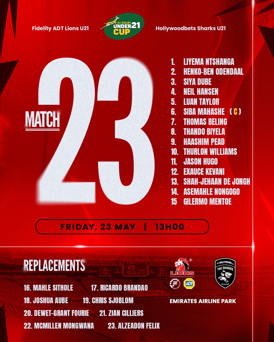 Lions (@lionsrugbyco) on Twitter photo Here’s your Fidelity ADT Lions U21 matchday 23 to face the Hollywoodbets Sharks U21 this Friday at Emirates Airline Park! 🦁🔥
🆚 <a href="/SharksRugby/">The Sharks</a> U21
🗓: Fri, 23 May
⏰: 13:00
🎟 FREE entry
🚗 FREE parking in the parkade
Kick off the weekend with us - see you there!
#LionsPride🦁 Here’s your Fidelity ADT Lions U21 matchday 23 to face the Hollywoodbets Sharks U21 this Friday at Emirates Airline Park! 🦁🔥
🆚 <a href="/SharksRugby/">The Sharks</a> U21
🗓: Fri, 23 May
⏰: 13:00
🎟 FREE entry
🚗 FREE parking in the parkade
Kick off the weekend with us - see you there!
#LionsPride🦁