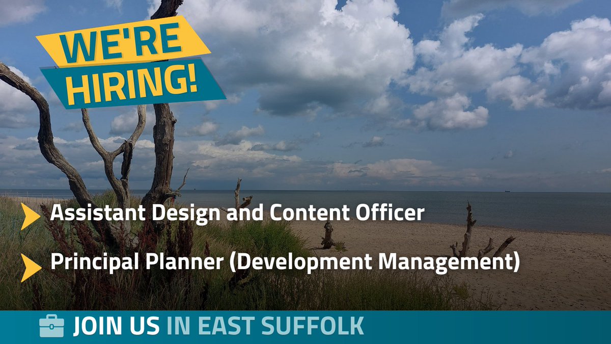 We currently have two exciting vacancies:

Assistant Design and Content Officer (Communications Team)
Applications close 27 May
bit.ly/43wOxyT

Principal Planner (Development Management Team)
Applications close 31 May
bit.ly/4k19kAs

#JoinEastSuffolk