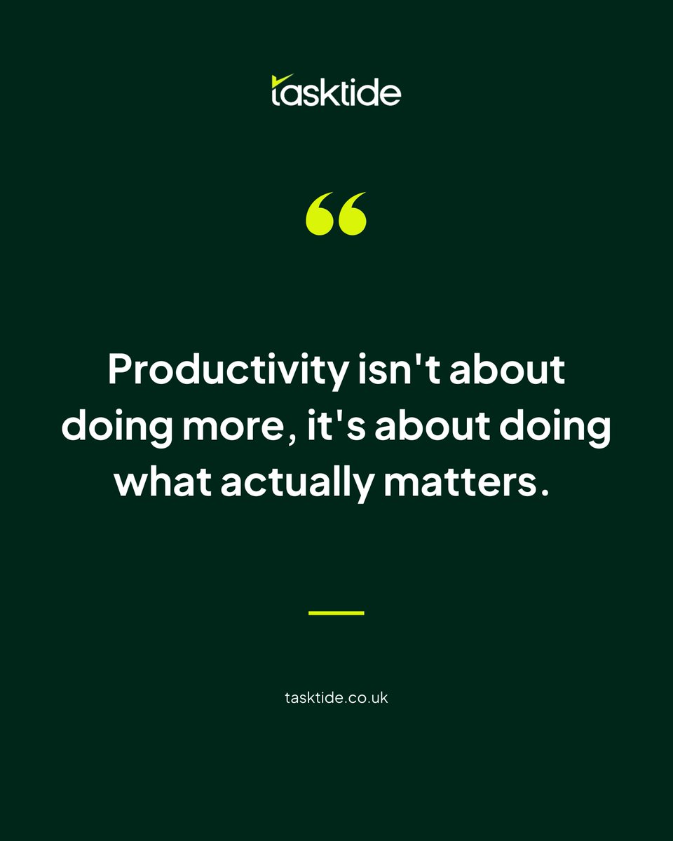 Tasktideuk's tweet photo. Remember, productivity isn’t about cramming in more tasks; it’s about focusing on what truly matters!

Let’s work smarter, not harder. What’s one task you’re prioritizing today? Share with us!

#WorkSmart #ProductivityTips #FocusOnWhatMatters #TaskTide #mindfulwork https://t.co/Xew5mf3jEg