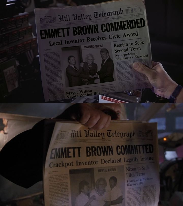 May 22nd 1983 - Doc Brown is committed in the alternate 1985 timeline where Biff has the almanac, and commended in the new 1985 (post events of the first movie).

📽️📅 Back to the Future Part III (1990)