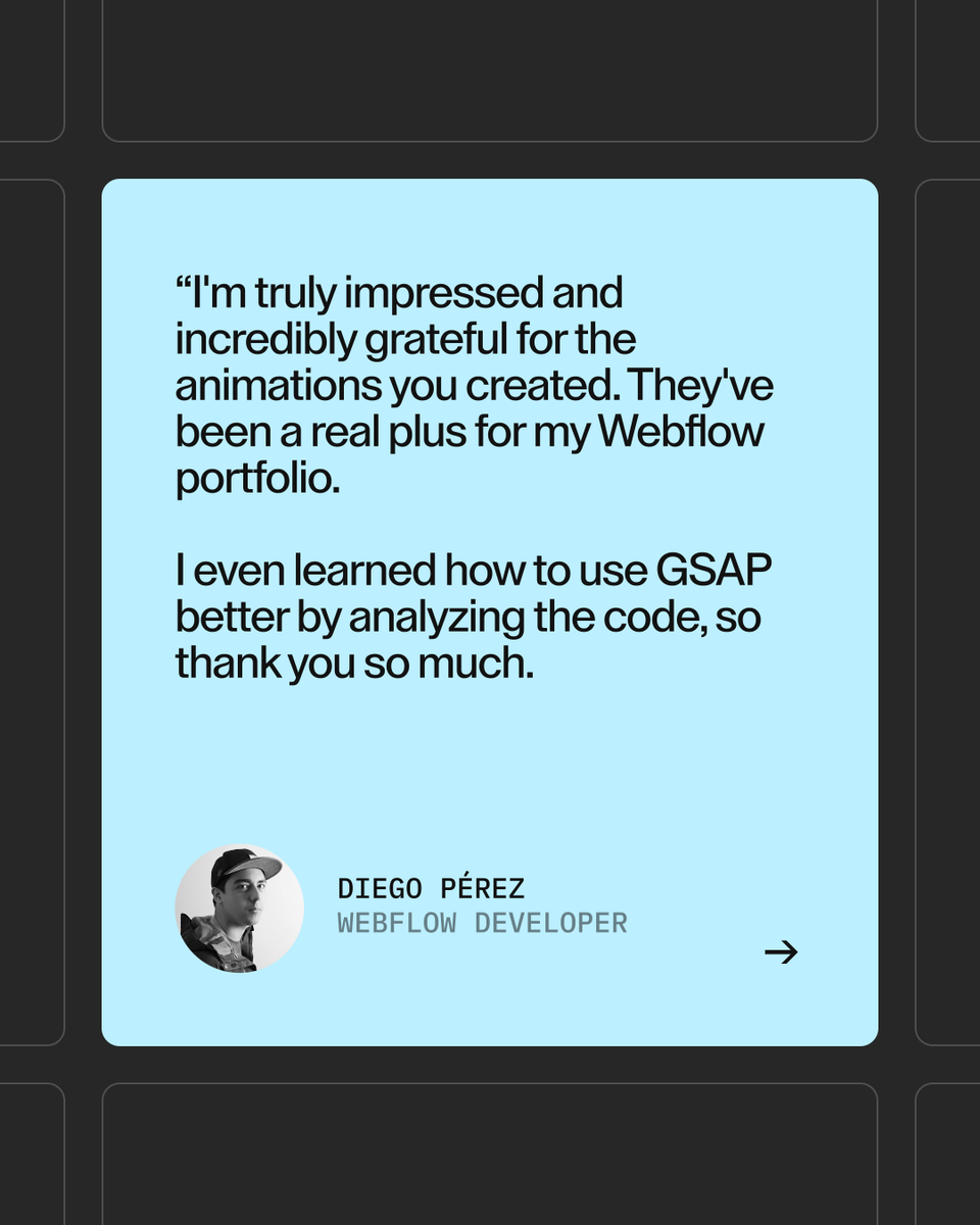 madewithgsap's tweet photo. Loving the new monochrome Diego Pérez folio. Explore the universe of this Web Designer &amp; Webflow Developer. Fully crafted by @diegonciox himself, the website features our Effects 011, 022, and 027! Built with @greensock on @webflow 💚

Get access now.
↳ https://t.co/iXJajjqy9C https://t.co/aVeyF1Ytts