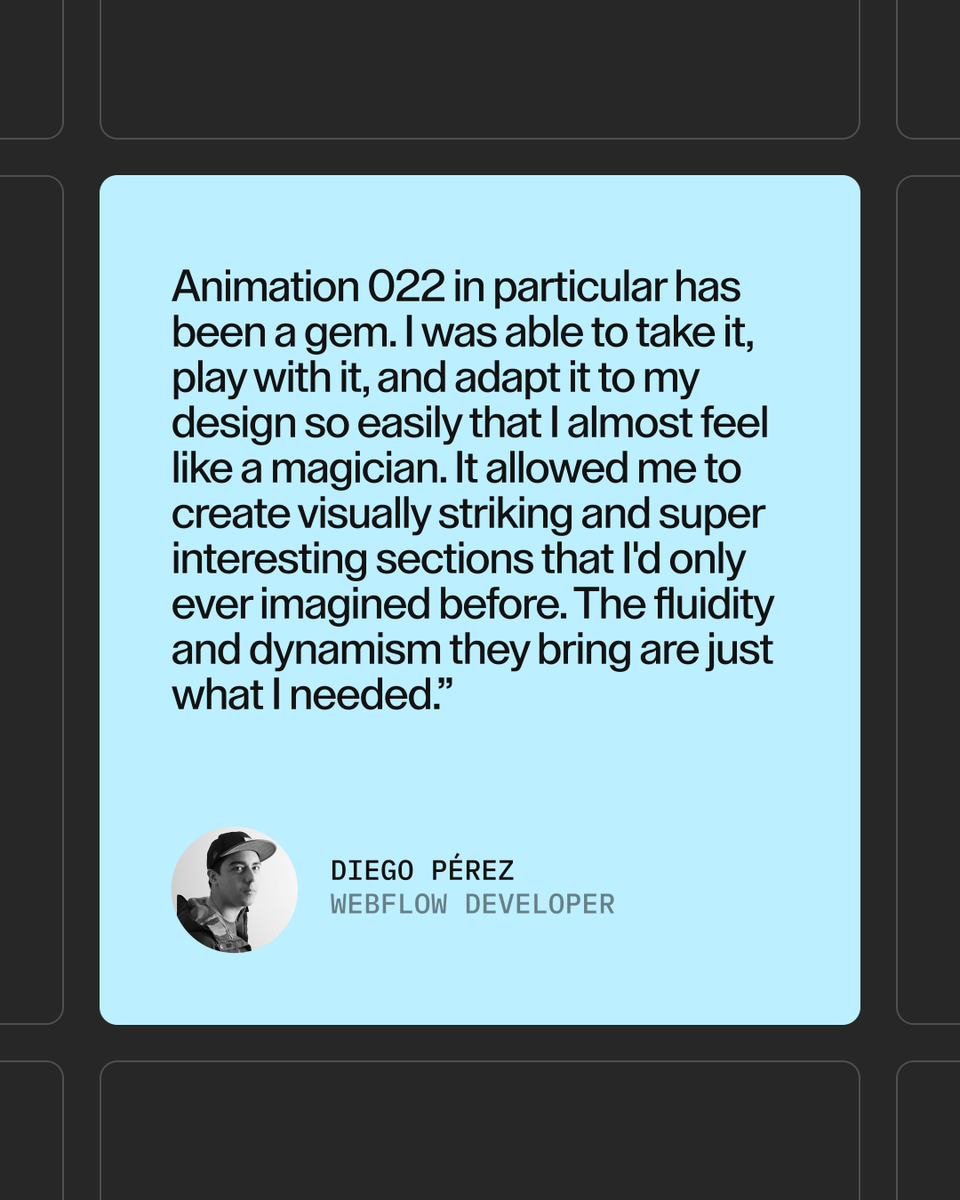 madewithgsap's tweet photo. Loving the new monochrome Diego Pérez folio. Explore the universe of this Web Designer &amp; Webflow Developer. Fully crafted by @diegonciox himself, the website features our Effects 011, 022, and 027! Built with @greensock on @webflow 💚

Get access now.
↳ https://t.co/iXJajjqy9C https://t.co/aVeyF1Ytts