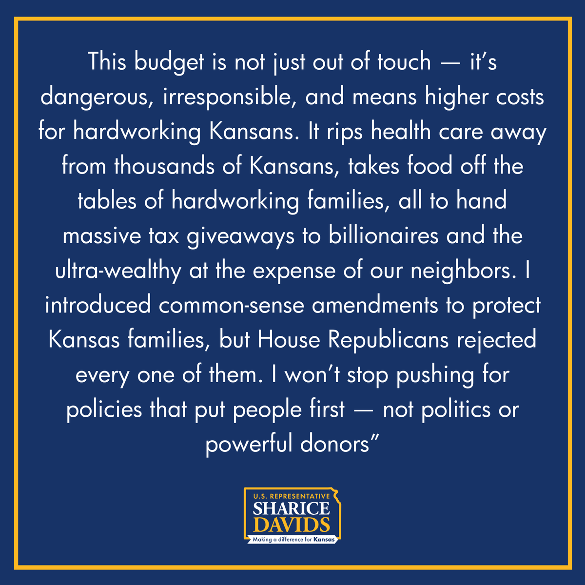 My statement after voting against a partisan budget bill that raises costs on health care and groceries for hardworking families, all to benefit billionaires: