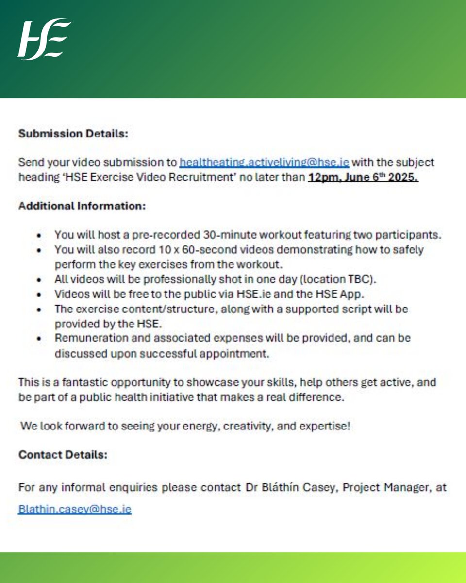 Are you a qualified Exercise Instructor? 🧘‍♀️ This is a great opportunity for you to be involved in a HSE campaign!