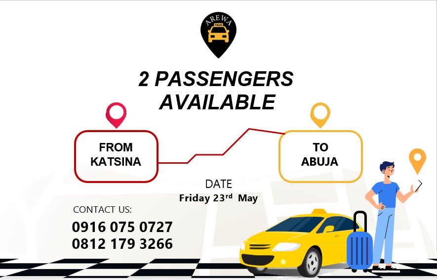 ArewaTaxi's tweet photo. If you know any body traveling to Abuja from katsina with his good vehicle, kindly tell them to come and make money with us by carrying our passengers. We currently have two passengers available https://t.co/v9O2uPvfr8