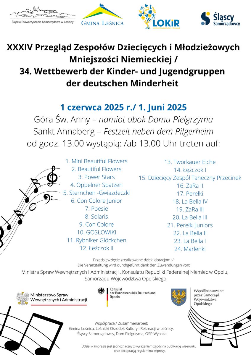 🇵🇱 Warto zanotować w kalendarzu 01.06.2025! 

📅 W tę czerwcową niedzielę serdecznie zapraszamy na 👉 XXX. Pielgrzymkę Mniejszości Narodowych i Etnicznych na Górę św. Anny oraz na 👉 Przegląd Zespołów Dziecięcych i Młodzieżowych Mniejszości Niemieckiej.